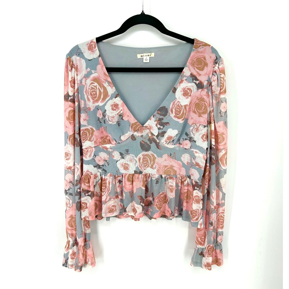 y2k Fairy Floral Mesh Cropped Pastel Romantic Coquette Womens Top L Pink Blue